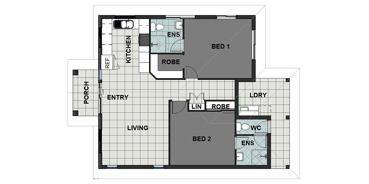 2 Bed, 2 Bath granny flat floor plan by IK Building and Construction